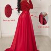 Women's Sparkly Sequin Prom Ball Gown with Pockets Long Sleeve Satin Formal Evening Dress with Slit YMS224