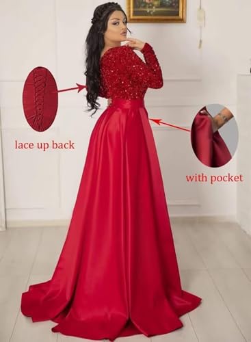 412Hjk1DbJL.jpg Women's Sparkly Sequin Prom Ball Gown with Pockets Long Sleeve Satin Formal Evening Dress with Slit YMS224