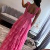 Tiered Prom Dresses 2025 with Slit Pleated Spaghetti Straps Long Chiffon Cocktail Dresses for Women