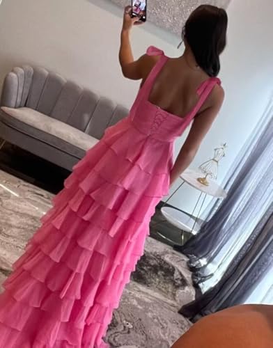 Tiered Prom Dresses 2025 with Slit Pleated Spaghetti Straps Long Chiffon Cocktail Dresses for Women