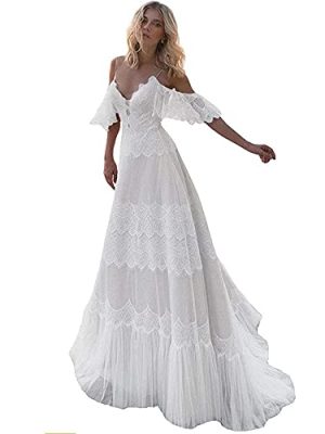 Women's Wedding Dresses Chic Lace Evening Dresses V Neck Ruffle Sleeves Beachy Boho Outdoorsy Wedding Gowns
