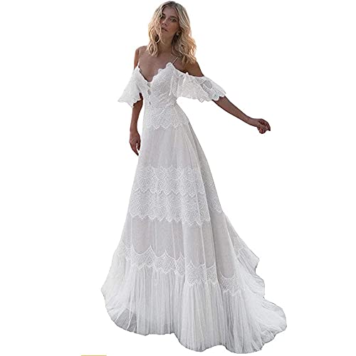 413BHMVtm6L.jpg Women's Wedding Dresses Chic Lace Evening Dresses V Neck Ruffle Sleeves Beachy Boho Outdoorsy Wedding Gowns