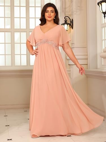 414yyzbH5DL.jpg Short Sleeves Plus Size Mother of The Bride Dresses for Curvy Women V Neck Formal Dresses with Pockets YZTS224