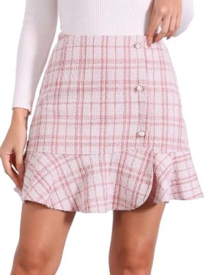 Women's Plaid Skirts Ruffle Hem Button Decor Tweed Mini Skirt