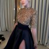 Mock Turtle Neck Prom Dresses Half Sleeve Formal Gowns Sequins Satin Evening Dress A-Line Ball Gown Slit JS0005