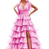 416Ff7OtFUL.jpg Tiered Tulle Prom Dress Long Ball Gown Deep V Neck Formal Evening Dresses with Slit Ruched for Women