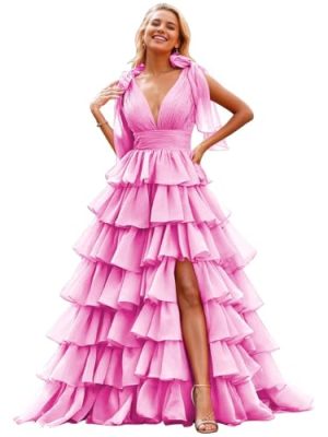 Tiered Tulle Prom Dress Long Ball Gown Deep V Neck Formal Evening Dresses with Slit Ruched for Women