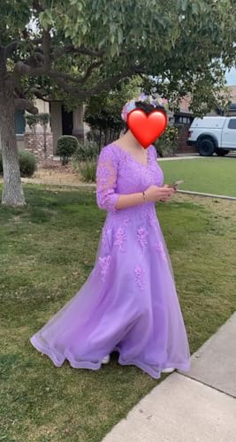 Women's Floral Lace Appliques 3/4 Sleeve Mother of The Bride Dresses Long V Neck Formal Dresses with Pockets YZTS028