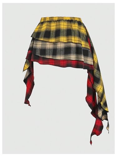 416S8zKUiJL.jpg Women's Plaid Skirt Low Waist Asymmetrical Tiered Ruffle Y2k Mini Skirts