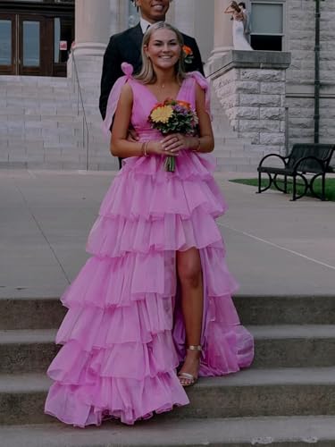 416m-Jj8OOL.jpg Tiered Tulle Prom Dress Long Ball Gown Deep V Neck Formal Evening Dresses with Slit Ruched for Women