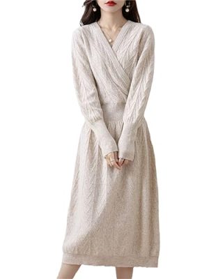 Women 100% Cashmere Wool Dress Solid Color V-Neck Pullover High-End Slim Long Dress Sweater
