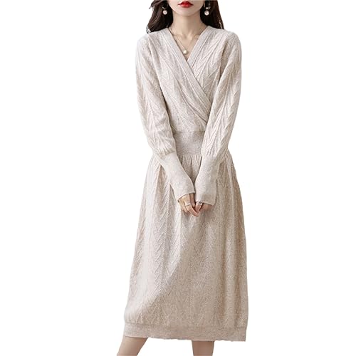 Women 100% Cashmere Wool Dress Solid Color V-Neck Pullover High-End Slim Long Dress Sweater