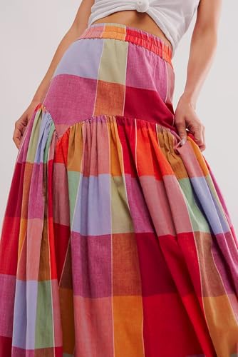 Women's Multicolour Plaid Print Ruched High Waist Casual Maxi Skirt