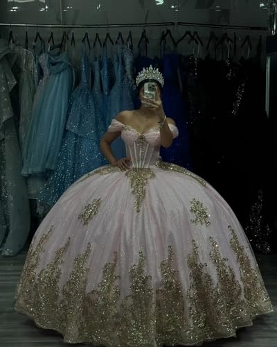 417ALyearfL.jpg Bling Sequined Pearls Gold Embellishment Ball Gown Sweet 16 Quinceanera Dresses 2025 Mexican XV