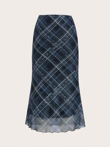 Women's Vintage Plaid Print Layered Fishtail Skirt High Waist Long Skirts