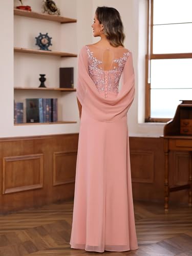 Lace Long Mother Dress for Women with Pleated Sequin Cape Scoop Illusion Chiffon Formal Dresses RA035