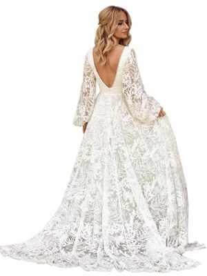 Women's V Neck Lace Wedding Dresses for Bride 2025 Lace Appliques A Line Beach Wedding Gown