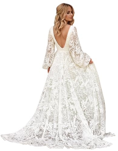 Women's V Neck Lace Wedding Dresses for Bride 2025 Lace Appliques A Line Beach Wedding Gown
