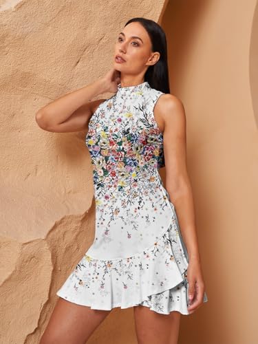 Women's Tennis Dresses Summer Sleeveless Plaid Athletic Dress for Women Standing Collar Ruffled Hem Midi Dresses