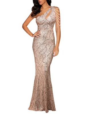 Women One Shoulder 1920s Plus Size Formal Dress Tassels Sleeve Sequins Gatsby Maxi Evening Gown