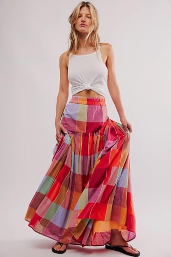 Women's Multicolour Plaid Print Ruched High Waist Casual Maxi Skirt