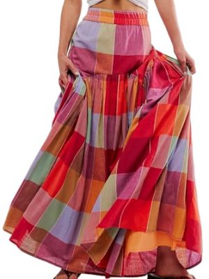 Women's Multicolour Plaid Print Ruched High Waist Casual Maxi Skirt
