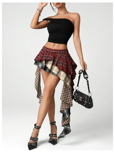 Plaid Skirts for Women Ruffle Asymmetrical Layered Hem Y2k Skirt with Shorts Underneath
