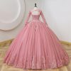 41Dbap8ih1L.jpg Juniors' Long Sleeve Quinceanera Dresses V Neck Puffy Ball Gown Sweet 16 Lace Prom Dresses for Teens