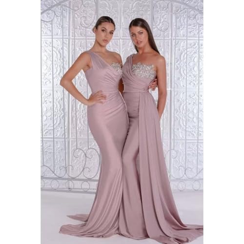 41Dca1elXaL.jpg One Shoulder Mermaid Bridesmaid Dresses for Wedding Long Satin Prom Dresses Beaded Lace Appliques Formal Evening Party Gowns