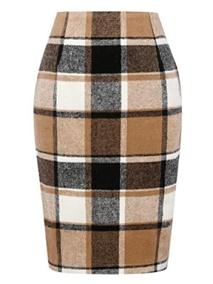 Midi Plaid Skirts for Women Fall Winter Knee Length Pencil Wool Skirt with Slit