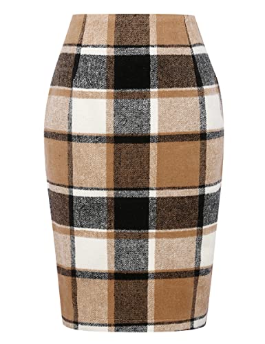 41Dq11845ML.jpg Midi Plaid Skirts for Women Fall Winter Knee Length Pencil Wool Skirt with Slit