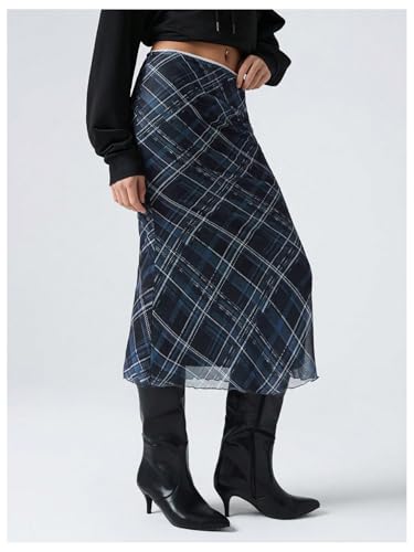 Women's Vintage Plaid Print Layered Fishtail Skirt High Waist Long Skirts