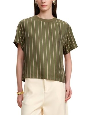 41EuN8Hg1JL.jpg Women 100% Silk Tee Shirts Short Sleeve Striped T-Shirt Summer Business Casual Mulberry Silk Tshirts Crewneck Tops