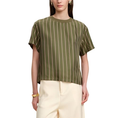 Women 100% Silk Tee Shirts Short Sleeve Striped T-Shirt Summer Business Casual Mulberry Silk Tshirts Crewneck Tops