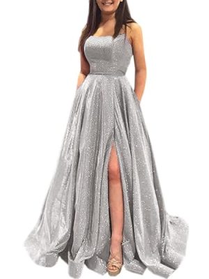 Prom Dresses Long A Line with Pockets Formal Evening Ball Gowns Side Slit Glitter Party Dress