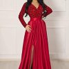 Women's Sparkly Sequin Prom Ball Gown with Pockets Long Sleeve Satin Formal Evening Dress with Slit YMS224