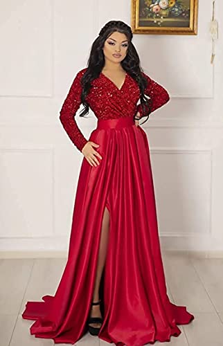 41F5hM7n6wL.jpg Women's Sparkly Sequin Prom Ball Gown with Pockets Long Sleeve Satin Formal Evening Dress with Slit YMS224