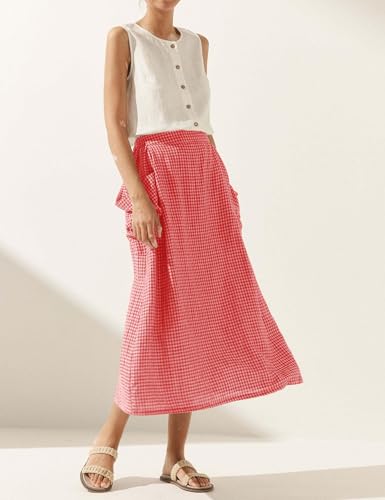 41FO452cuL.jpg Plaid Skirts for Women Elastic Waist Midi Skirt with Pockets Vintage Flowy Gingham Long Skirt