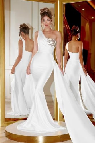 41GVpjHAHAL.jpg One Shoulder Mermaid Bridesmaid Dresses for Wedding Long Satin Prom Dresses Beaded Lace Appliques Formal Evening Party Gowns
