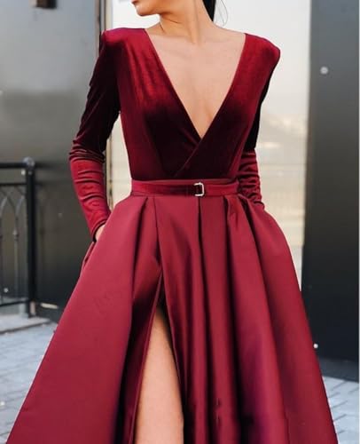 41HJGHcDO-L.jpg Women's Sparkly Sequin Prom Ball Gown with Pockets Long Sleeve Satin Formal Evening Dress with Slit YZTS055