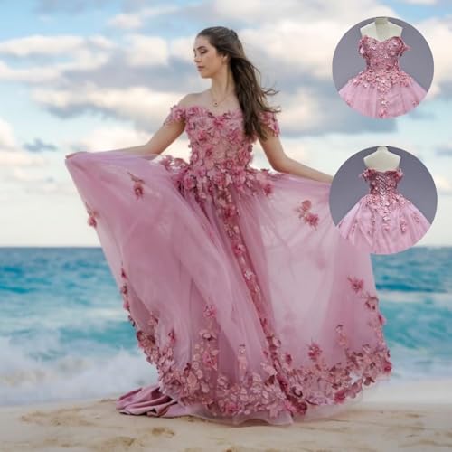 Sweetheart Tulle Quinceanera Dresses for Women Off The Shoulder Ball Gown with Train Lace Beaed Sweet 15 16 Dress