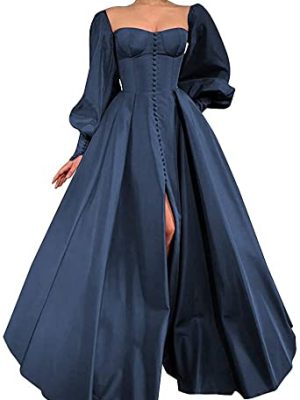 Long Puffy Sleeve Prom Dresses Princess Ball Gown for Women Satin Formal Party Wedding Evening Dress