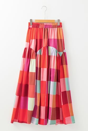 Women's Multicolour Plaid Print Ruched High Waist Casual Maxi Skirt