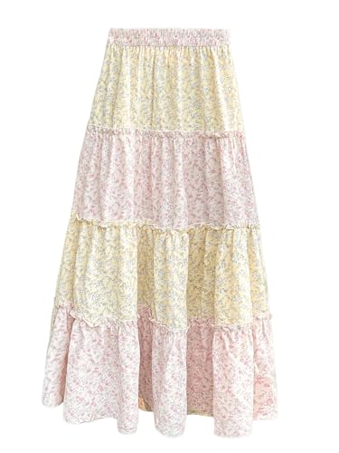 Women's Plaid Print Tiered Layer A Line Ruffle Hem Loose Fit Casual Long Maxi Skirts