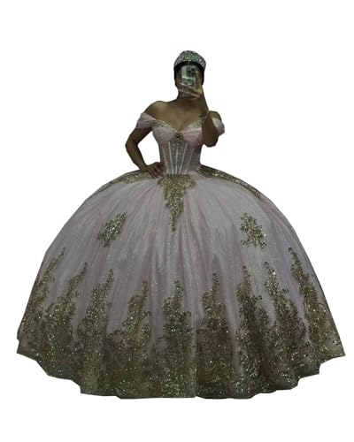 41KlpIZvTL.jpg Bling Sequined Pearls Gold Embellishment Ball Gown Sweet 16 Quinceanera Dresses 2025 Mexican XV