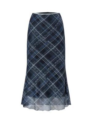Women's Vintage Plaid Print Layered Fishtail Skirt High Waist Long Skirts