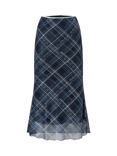 Women's Vintage Plaid Print Layered Fishtail Skirt High Waist Long Skirts