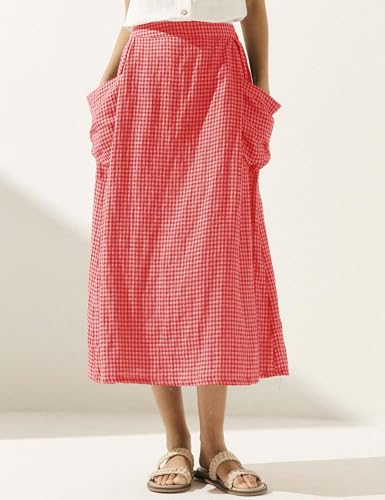 41Lrof1NSuL.jpg Plaid Skirts for Women Elastic Waist Midi Skirt with Pockets Vintage Flowy Gingham Long Skirt