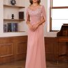 Lace Long Mother Dress for Women with Pleated Sequin Cape Scoop Illusion Chiffon Formal Dresses RA035