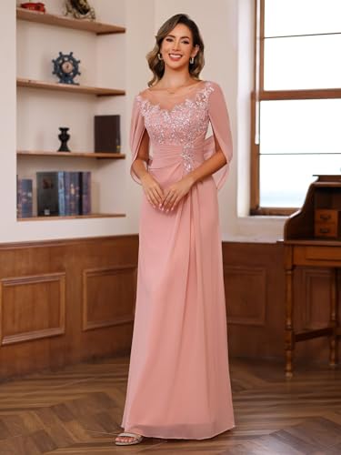 Lace Long Mother Dress for Women with Pleated Sequin Cape Scoop Illusion Chiffon Formal Dresses RA035